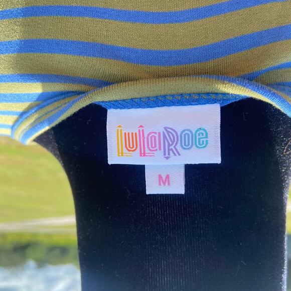 LuLaRoe Womens Dress Size M Maurine Green Blue Striped Swing Bell Sleeves NEW - Picture 4 of 5